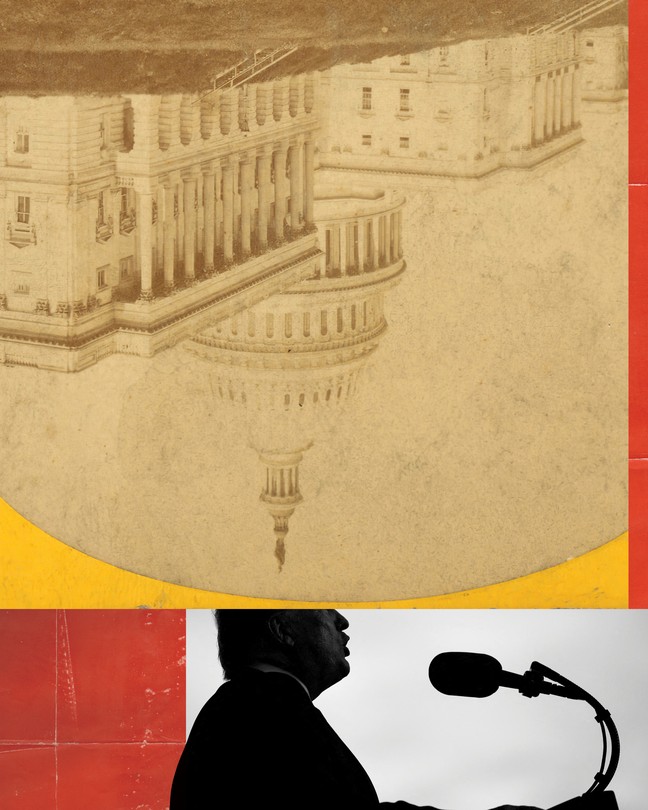 An upside-down Capitol above Trump speaking into a mic