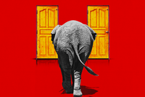 Illustration showing the back of an elephant walking toward a pair of yellow doors