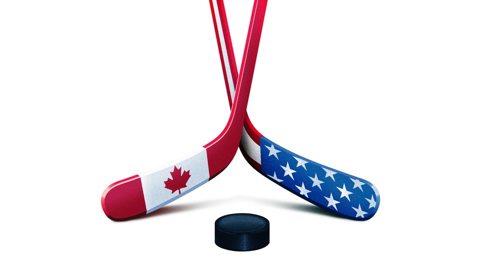 An illustration of hockey sticks with an American flag on one and the Canadian flag on the other