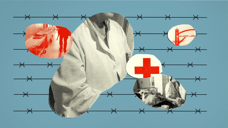 An illustration showing medical symbols behind a barbed-wire fence.