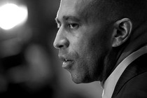 A black-and-white photo of Hakeem Jeffries