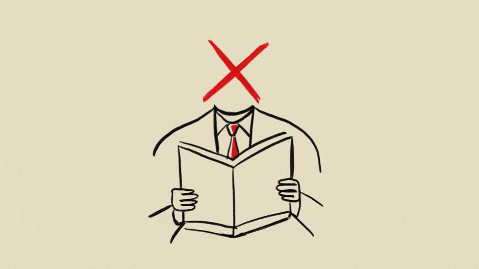 A drawing of a headless person reading a book. An animation of a red thumbs-down sign and a red X flashes where their head would be.