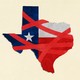 An illustration of the state of Texas, wrapped in red tape.