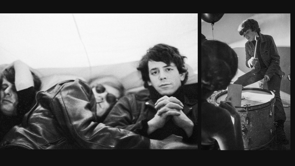 Paul Morrissey, Andy Warhol, Lou Reed, and Moe Tucker from archival photography in a split-screen frame from “The Velvet Underground”