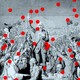 An illustration of red dots randomly placed over an etching of revolutionaries