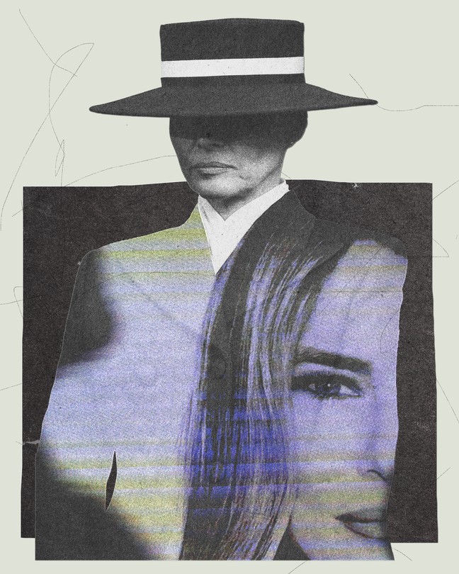 Black-and-white image of Melania Trump in a wide-brimmed hat