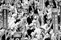 Crowds holding signs at the Republican National Convention