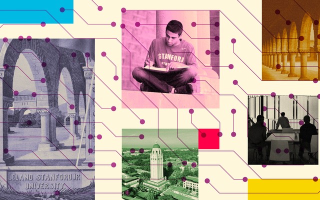 A collage of brightly colored images of Stanford's campus and students set against a geometric background with lines and nodes.