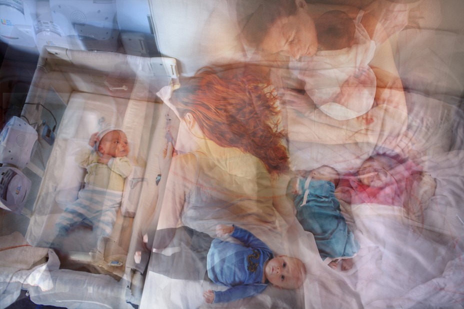 Photo illustration: from overhead, layered images of baby lying on bed, in basinette, and mother holding baby