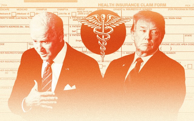 A graphic illustration of Donald Trump and Joe Biden superimposed over a health-insurance-claim form