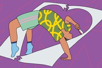 An illustration of a young man bending over backward with a looking glass to understand a broken romance.