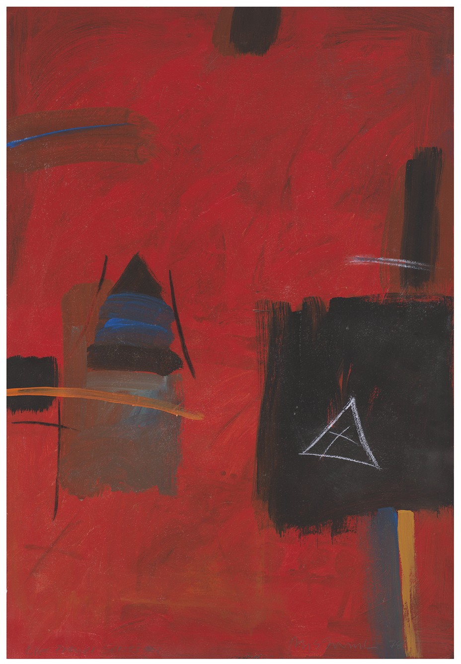 abstract painting with red background and black, white, blue, and yellow symbols and lines