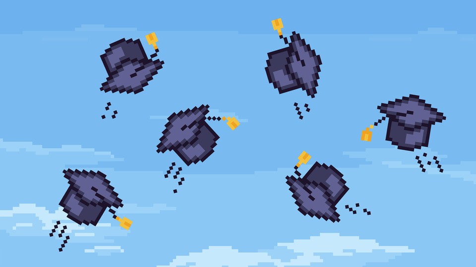 Pixelated illustration of graduation caps flying through the air against a blue sky