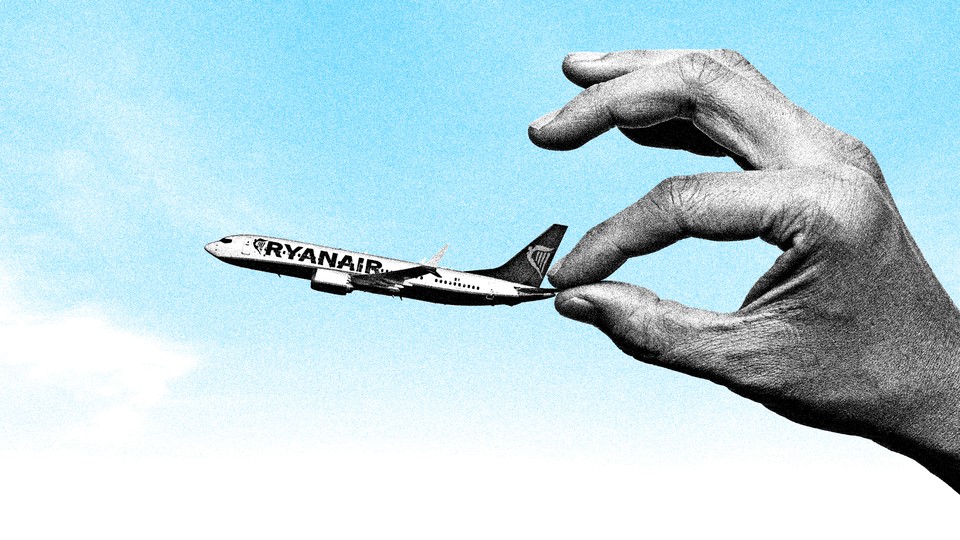 An illustration of a hand holding a Ryanair plane