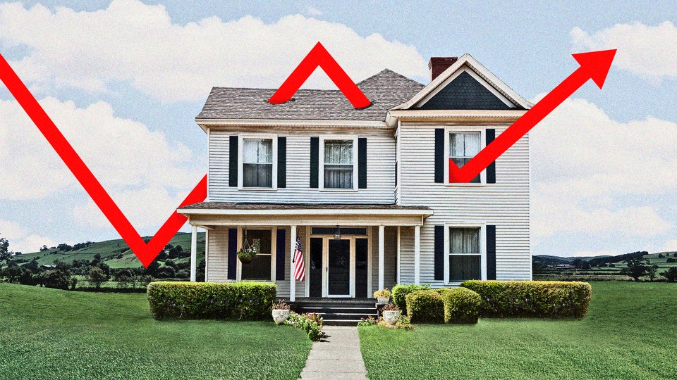 A picture of a house, with an illustrated red line pointing upward, like on a graph