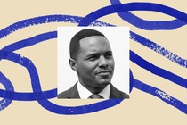 A black-and-white headshot of Representative Ritchie Torres of New York, bordered by an illustrated background