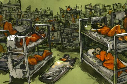 a crowded jail cell in green and orange hues