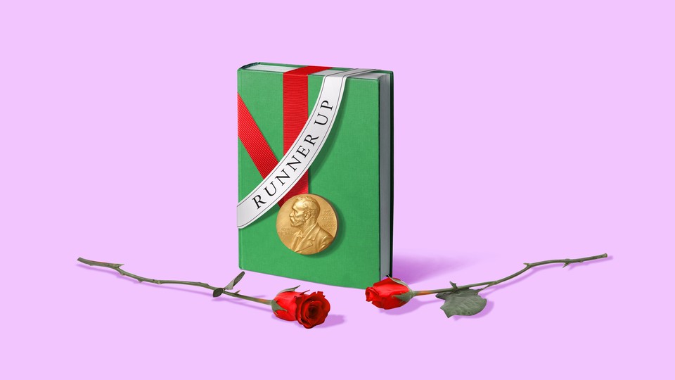 A graphic illustration of a green hardcover book draped with a red "runner up" sash and the Nobel Prize in Literature medal