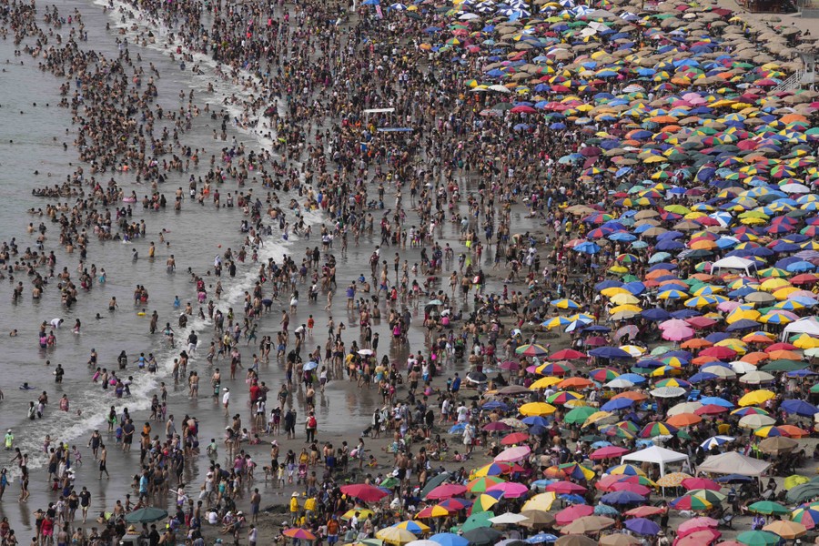 An elevated view of a very crowded beach