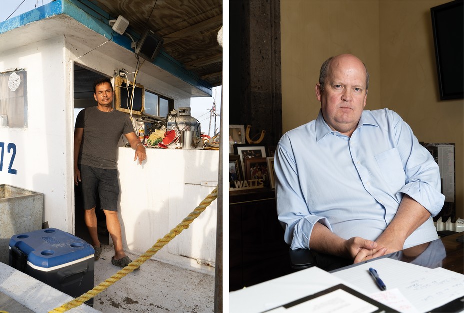 Left: Dung Nguyen on his boat in San Leon. Right: Mikal Watts in his office in San Antonio, Texas.