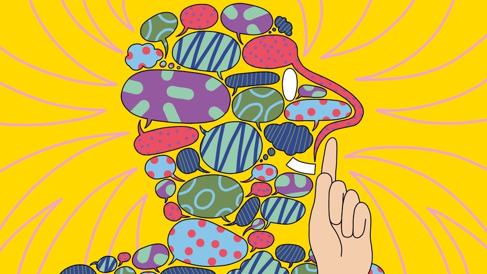 An illustration showing a person's head made up of speech bubbles but signing "shush" with their finger.