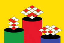 Rotating checkerboard patterns on colorful pedestals