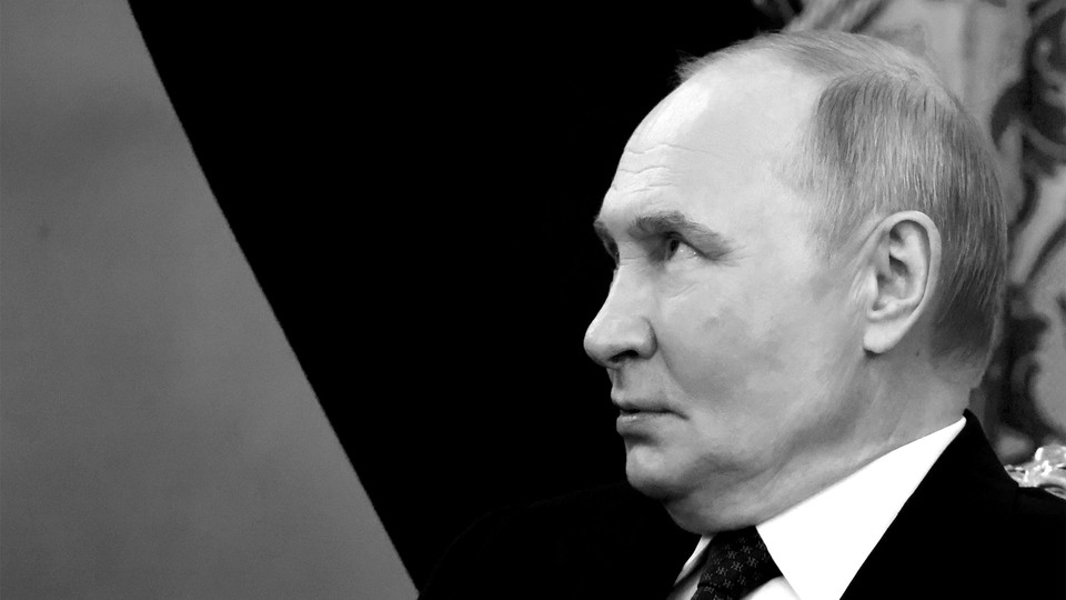 A black-and-white photo shows Putin in profile with a worried expression.