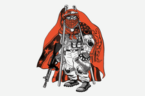 Ilustración de un alborotador con casco y lentes y disfrazado con equipo de combate y rodilleras, sosteniendo un megáfono, un fusil y banderas confederadas y de Gadsden.