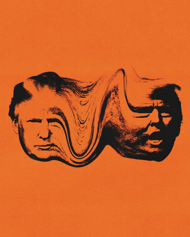 Illustration of two images of Donald Trump's face morphing together with an orange background