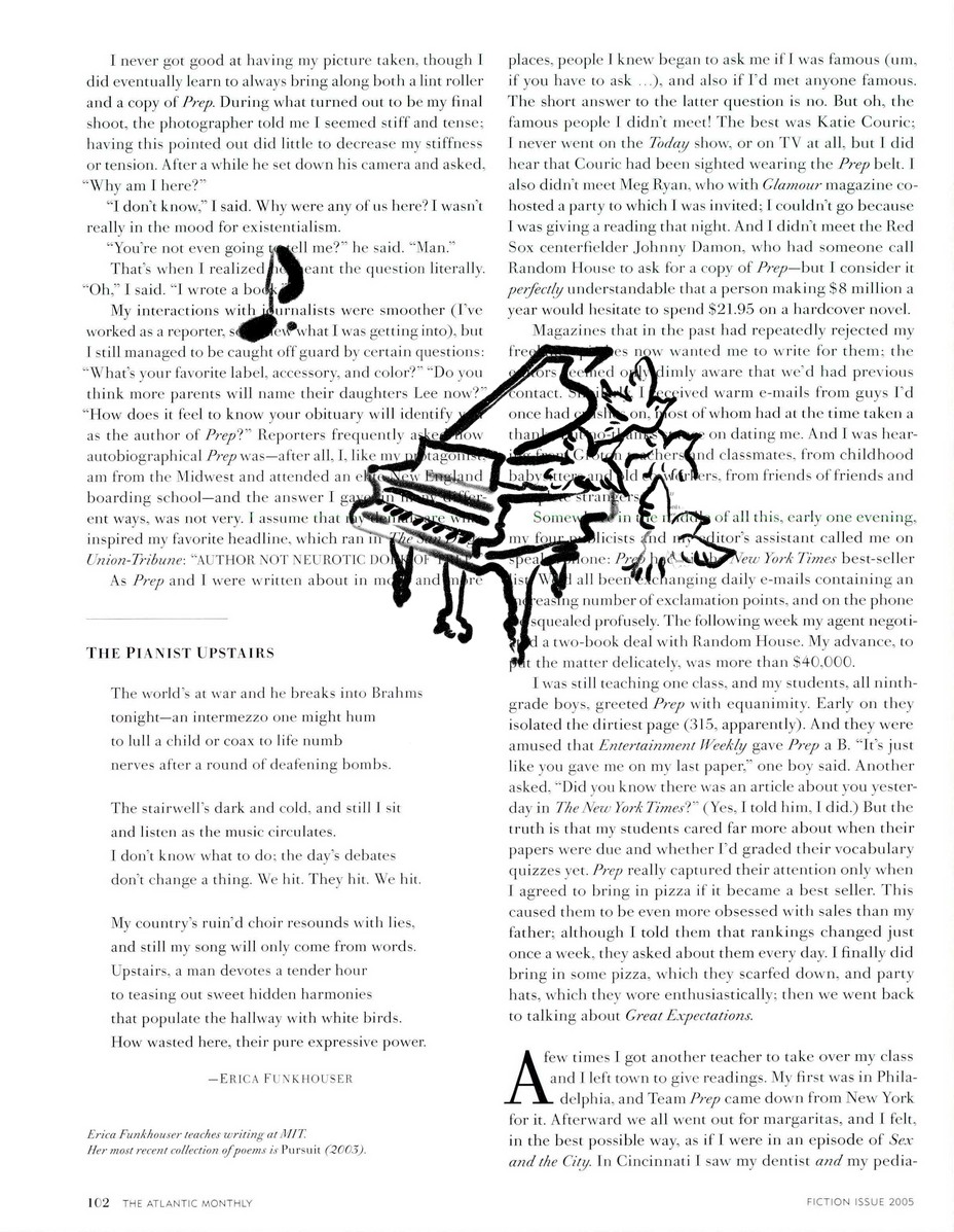 the original magazine page with a piano painted on in black ink, with birds flying out of the top of the piano
