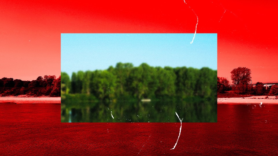 A photo of a river suffering from drought, colored red, with a rectangle of the same river, lush and green, cut out of the center