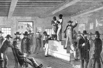 An engraving of a slave auction in Charleston, South Carolina