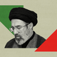 Black and white illustration of Mojtaba Khamenei against a red and green geometric background.