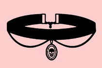 A black choker necklace on a pink background