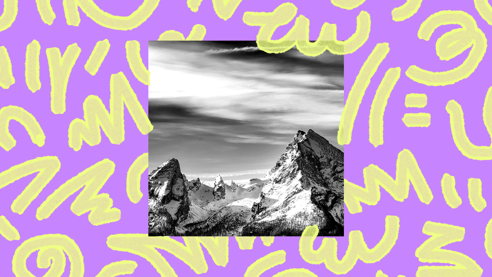 Black and white picture of mountain range with a purple background and yellow doodles