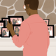 An illustration of a man looking at framed pictures of a family