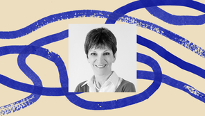 A black-and-white photo of Mona Charen, bordered by an illustration