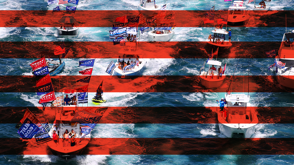 Illustration of Trump supporters on boats overlaid with horizontal red stripes