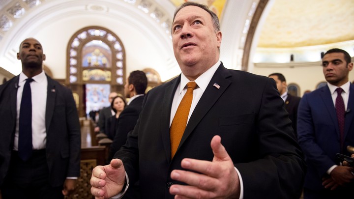 Mike Pompeo speaks to the media in Egypt's new administrative capital, east of Cairo, on January 10, 2019.