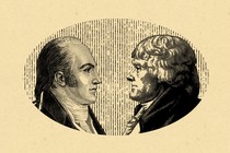 An illustration showing Thomas Jefferson and Aaron Burr facing one another