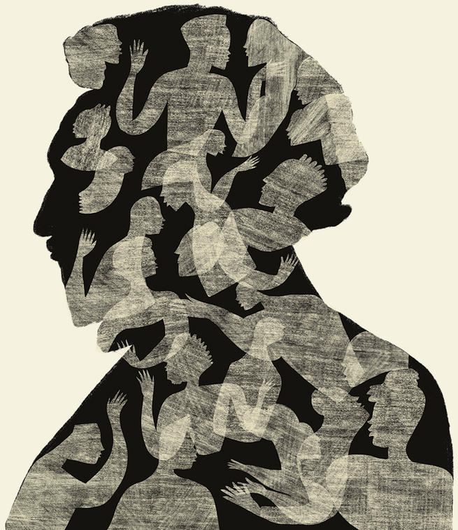 black-and-white block illustration of a black silhouette of man's head and shoulders in profile, with ghostly layered shapes of many people reaching their arms toward each other inside it
