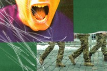 A photo-illustration showing soldiers marching and a child screaming