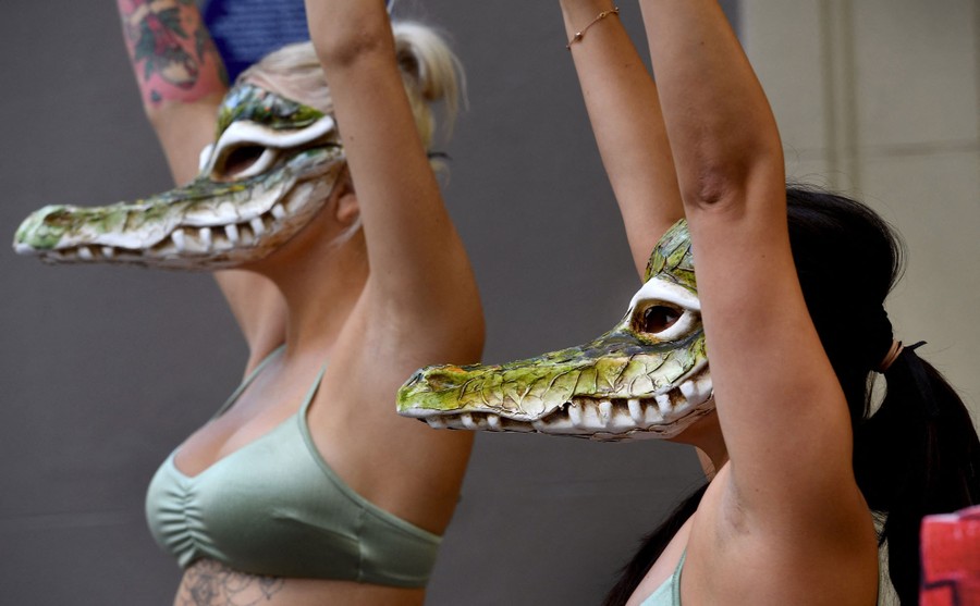 Women wearing bikinis and crocodile masks stand outside a store in protest.