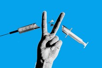 Illustration of a peace sign and broken vaccine vial