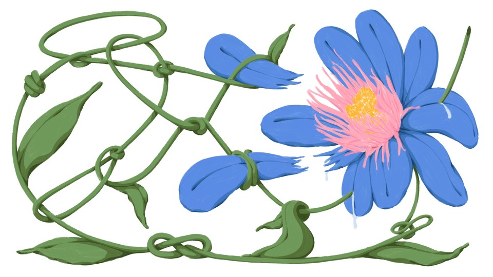 Illustration of a flower with a knotted stem pulling out the petals that are part of the flower.