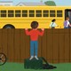 Illustration of a boy looking over a fence at kids getting on a school bus.