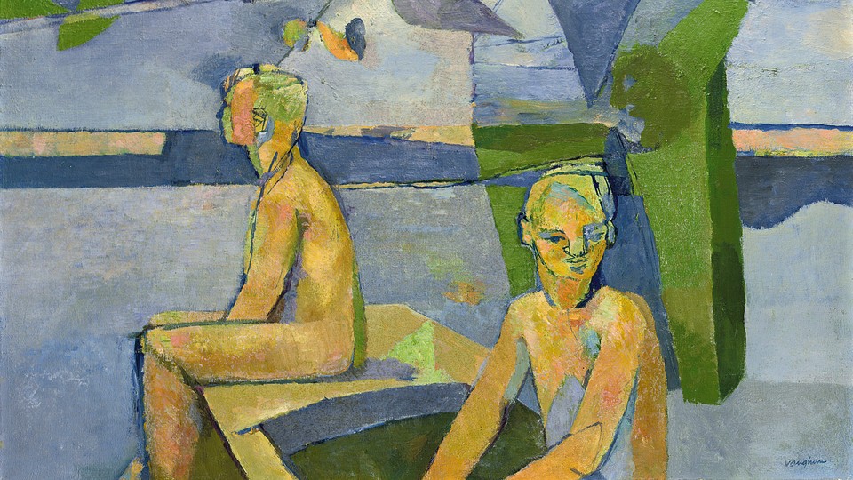 A painting of two men facing different directions