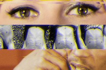 Triptych with a woman's eyes, men's torsos, and a man's mouth