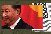 Collage of Xi Jinping, the Chinese and American flags, and an old world map