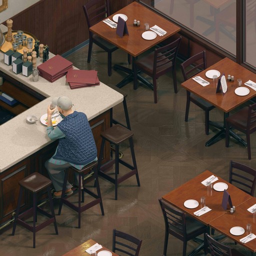 Illustration of a person sitting on stool and eating alone at diner counter, surrounded by empty tables with no other people visible.